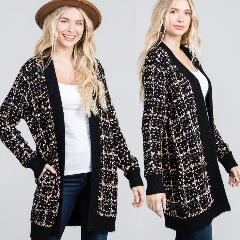 Black Confetti Tweed Knit Open Front Long Cardigan - Picture 3 of 12